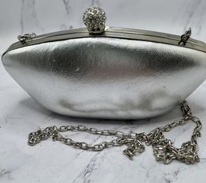 Benjamin Walk Silver Leather Evening Bag Clutch Rhinestone Clasp Silver Chain